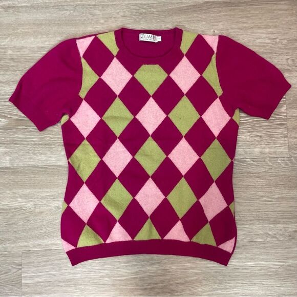 Zume Magenta Hot Pink Cashmere Sweater Short Sleeves Argyle Sweater - Picture 1 of 6